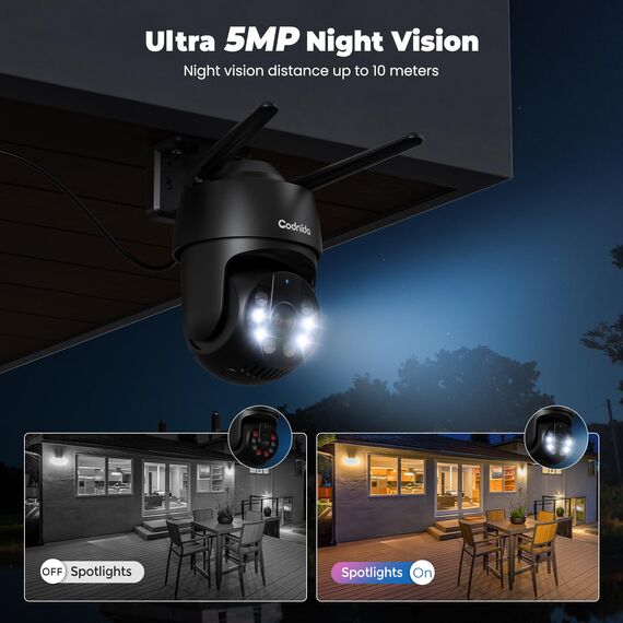Codnida 5MP Überwachungskamera Aussen WLAN,2,4/5Ghz WiFi Kamera Outdoor mit Bewegungsmelder,Automatische Verfolgung,24/7 Aufnahme,Farbige Nachtsicht,IP66, 2-Wege-Audio,Schwarz(Alexa-Unterstützung)