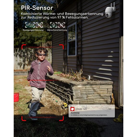 COOAU 2K Überwachungskamera Aussen Akku, 355°/90° Schwenkbar, Kabellose WLAN IP Kamera Outdoor mit Nachtsicht in Farbe, Personen-/Bewegungserkennung, IP66 Wasserdicht, Cloud-Speicher