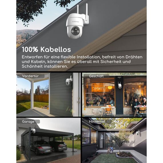 COOAU 2PCS Überwachungskamera Aussen Akku - 2K Kabellose WLAN IP WiFi 6 PTZ Kamera Outdoor mit Bluetooth-Verbindung, 4 Spotlight Farbnachtsicht, Intelligente KI-Erkennung