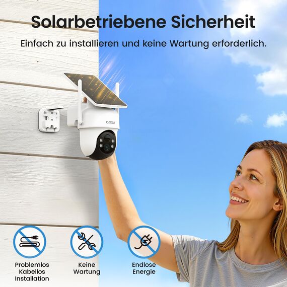 AOSU 2K Überwachungskamera Aussen Solar Akku, 4 Cam-Kit & aosuBase, Ohne Abonnement, 360° Panorama Kabellose Kamera, 32GB Lokaler Speicher, Auto-Tracking, Farb-Nachtsicht, 2 Wege Audio, 5G & 2.4G WLAN