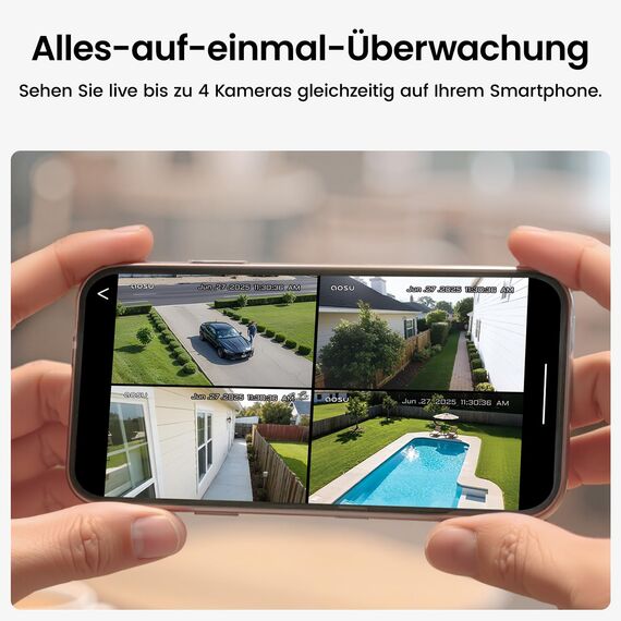 AOSU 2K Überwachungskamera Aussen Solar Akku, 4 Cam-Kit & aosuBase, Ohne Abonnement, 360° Panorama Kabellose Kamera, 32GB Lokaler Speicher, Auto-Tracking, Farb-Nachtsicht, 2 Wege Audio, 5G & 2.4G WLAN
