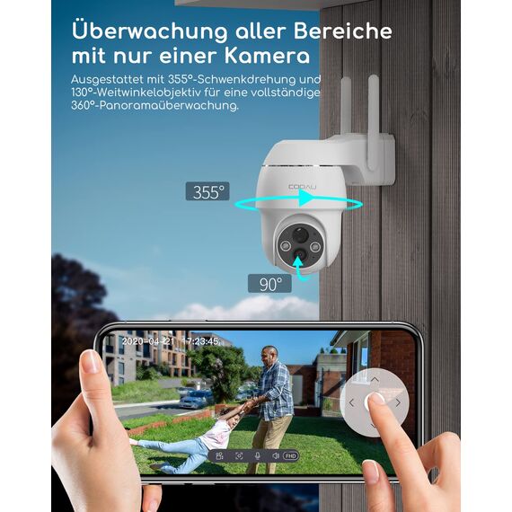 COOAU 2PCS Überwachungskamera Aussen Akku - 2K Kabellose WLAN IP WiFi 6 PTZ Kamera Outdoor mit Bluetooth-Verbindung, 4 Spotlight Farbnachtsicht, Intelligente KI-Erkennung