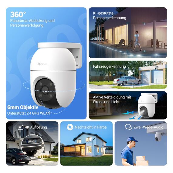 EZVIZ 4K PTZ Überwachungskamera Aussen WLAN, 2,4GHz WLAN Kamera Outdoor, Auto-Tracking, Personen-/Fahrzeugerkennung, Zwei-Wege-Audio, Farbnachtsicht, Wetterfest, C8c 8MP