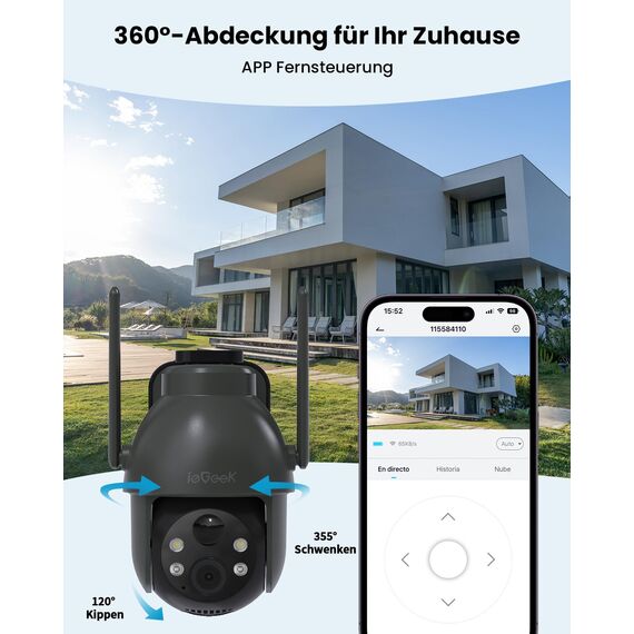 ieGeek 2K 3MP Überwachungskamera Aussen Solar, 360° PTZ Kamera Aussen Akku, 2.4GHz Kabellos Überwachungskamera mit PIR Bewegungsmelder,Farb-Nachtsicht, 2-Wege-Audio, IP65