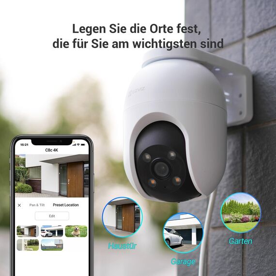 EZVIZ 4K PTZ Überwachungskamera Aussen WLAN, 2,4GHz WLAN Kamera Outdoor, Auto-Tracking, Personen-/Fahrzeugerkennung, Zwei-Wege-Audio, Farbnachtsicht, Wetterfest, C8c 8MP
