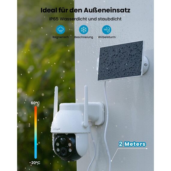 ieGeek 2K 3MP Überwachungskamera Aussen Solar, 360° PTZ Kamera Aussen Akku, 2.4GHz Kabellos Überwachungskamera mit PIR Bewegungsmelder,Farb-Nachtsicht, 2-Wege-Audio, IP65