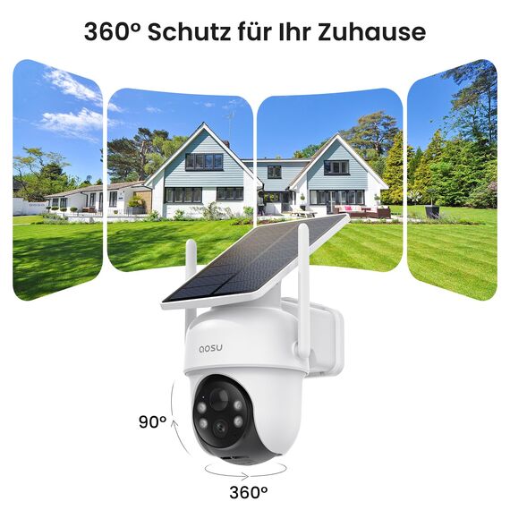 AOSU 2K Überwachungskamera Aussen Solar Akku, 4 Cam-Kit & aosuBase, Ohne Abonnement, 360° Panorama Kabellose Kamera, 32GB Lokaler Speicher, Auto-Tracking, Farb-Nachtsicht, 2 Wege Audio, 5G & 2.4G WLAN