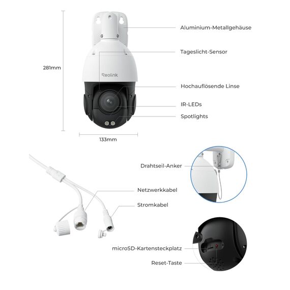 Reolink Smart 4K/8MP UHD PTZ Dome Überwachungskamera Aussen mit revolutionären 16X optischem 3D-Zoom, Farbnachtsicht, Personen-/Fahrzeug-/Tiererkennung, Zwei-Wege-Audio, 24/7 Aufzeichnung, RLC-823S2