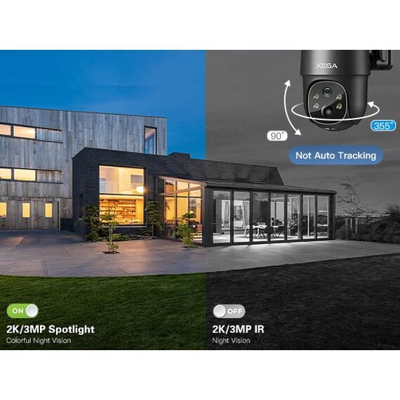 Xega 4G LTE Überwachungskamera Aussen Solar mit SIM Karte - 2K HD 3MP PTZ Kabellos Kamera Ohne WLAN Outdoor Akku, 355°/90° Schwenkbar, Farb/IR Nachtsicht, 2-Wege-Audio, PIR Erkennung (No WiFi)