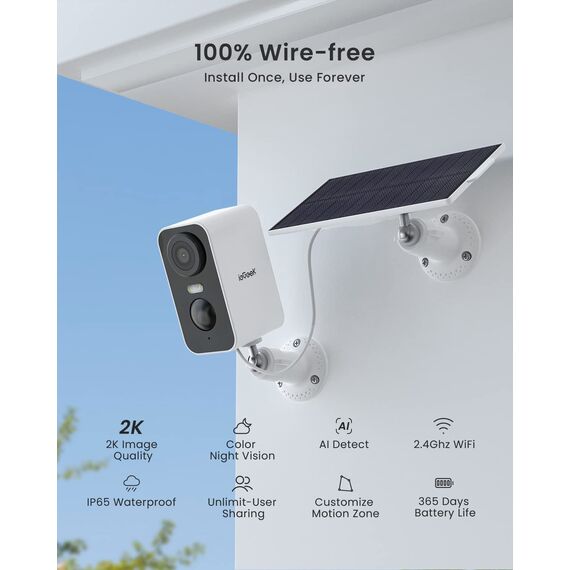 ieGeek 2K Überwachungskamera Aussen Akku Solar, 5200mAh Akku Kamera Überwachung Aussen WLAN, PIR-Personenerkennung,10M Nachtsicht, 2-Wege-Audio, Spotlights, IP65 wasserdicht - Weiss