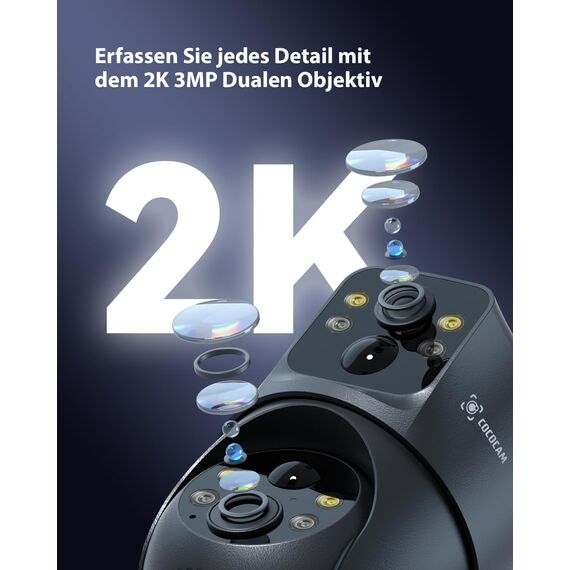COCOCAM 2K Dual Objektiv Überwachungskamera Aussen WLAN Solar, 10000mAh Akku, 6W Solarpanel, Duale PIR und KI-Personenerkennung, Farb-Nachtsicht, 355°P 90° T, IP66, 2.4GHz WLAN