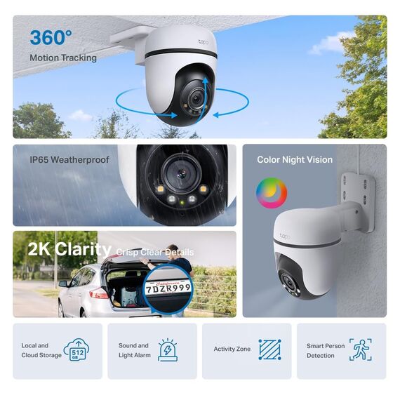 TP-Link Tapo C510W Kameraüberwachung aussen, WLAN IP Kamera, 360° Schwenk-/Neige, 2K Auflösung, Vollfarbige Nachtsicht, IP65 wasserdicht, Intelligente Bewegungsverfolgung, Zwei-Wege-Audio