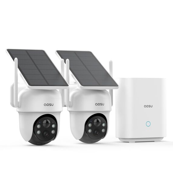 aosu 2K Überwachungskamera Aussen Akku Solar, 2-Cam-Kit mit aosuBase, Kein Abonnement, 32GB Lokaler Speicher, 360° PTZ Panorama Auto Tracking Erkennung, Farb-Nachtsicht 2 Wege Audio, 5G/2,4G WLAN