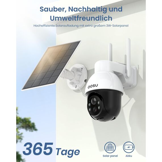 aosu Überwachungskamera Aussen mit Solarpanel, Panorama-PTZ, Automatischer Personenverfolgung, 2K-Nachtsicht, Licht- und Tonalarm, 2-Wege-Audio, kompatibel mit Alexa/Google Assistant(2-Pack)