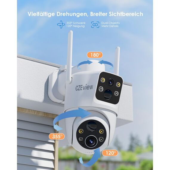 CZEview 4MP Überwachungskamera Aussen Akku, 360° PTZ Überwachungskamera Außen Solar mit Dual-Objektiv, 2.4GHz WLAN Kabellose Kamera mit PIR Bewegungsmelder, Farb-Nachtsicht, 2-Wege-Audio, IP65