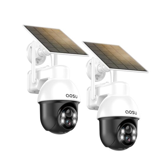 aosu Überwachungskamera Aussen mit Solarpanel, Panorama-PTZ, Automatischer Personenverfolgung, 2K-Nachtsicht, Licht- und Tonalarm, 2-Wege-Audio, kompatibel mit Alexa/Google Assistant(2-Pack)