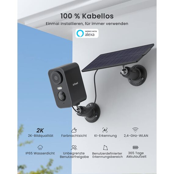 ieGeek 2K Überwachungskamera Aussen Akku Solar, 5200mAh Akku Kamera Überwachung Aussen WLAN, PIR-Bewegungserkennung, Bunte Nachtsicht, 2-Wege-Audio, Spotlights, IP65 wasserdicht
