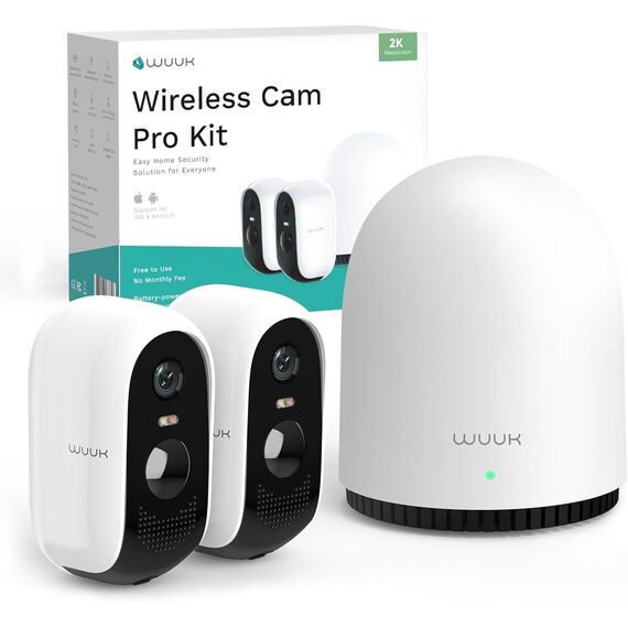 WUUK Überwachungskamera Aussen Akku, Kamera Überwachung Innen, 2K, Ohne ABO, 32 GB Lokalem Speicher, Nachtsicht, 2.4/5GHz WLAN, Kompatibel Mit Alexa & Google, Basisstation + 2-Kamera-Set