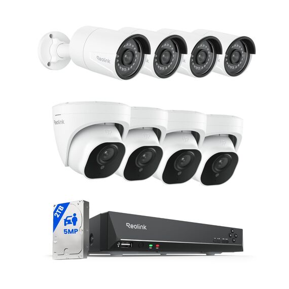 Reolink RLK8-520D4-5MP + 4× RLC-510A | 8CH 2TB HDD NVR with 8× 5MP PoE IP Dome Outdoor Cameras, Person/Vehicle Detection, 30m Night Vision for 24/7 Surveillance