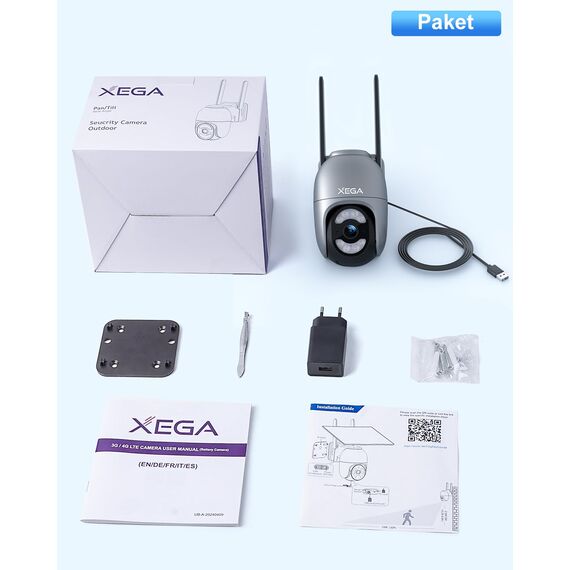 Xega 4G LTE Überwachungskamera mit SIM Karte【Kabelgebunden】 24/7 Kontinuierliche Aufzeichnung, 2K Automatische Verfolgung Überwachung Aussen Kamera Ohne WLAN, Bewegungs/Menschenerkennung (No WiFi)