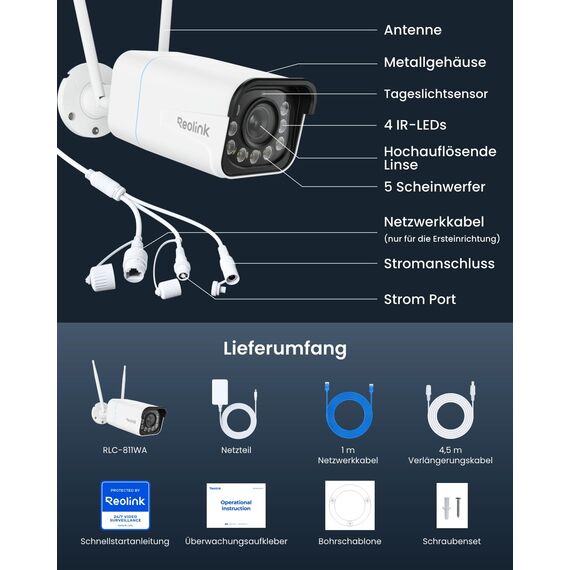Reolink 4K 8MP Wi-Fi 6 Überwachungskamera Aussen mit 5X Optischem Zoom, Reibungsloser Fernzugriff mit H.265-Aufzeichnung, Farbnachtsicht, Intelligente Erkennung, 2-Wege-Audio, IP67, RLC-811WA