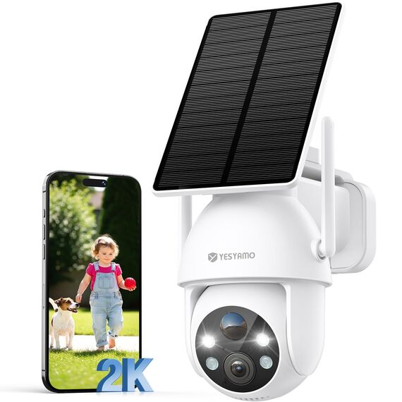YESYAMO 2K Überwachungskamera Aussen Akku, 355°/90° Pan Tilt WLAN Kamera mit Farbnachtsicht, solar Kamera Überwachung außen, PIR Bewegungsmelder, Cloud/SD Storage, 2-Wege-Audio, 2,4 GHz WLAN (weiß)