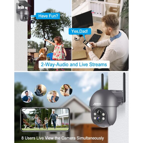 ANRAN 2K Solar Überwachungskamera Aussen Wi-Fi,360°PTZ Schwenkbar Aussenkamera Akku,Farbnachtsicht, 2-Wege-Audio,PIR Bewegungserkennung mit Sirenenalarm,IP66 Wasserdicht, Alexa Kompatibel 2pcs