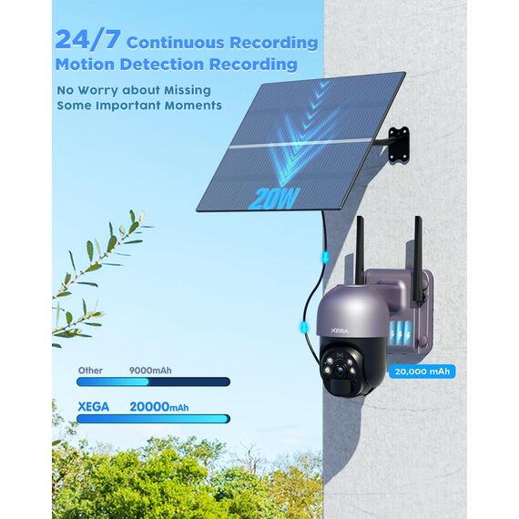 Xega 4G LTE Überwachungskamera mit SIM Karte Aussen【20W Solarpanel】20,000mAh Akku 2K 3MP PTZ Solar Kabellos Überwachungskamera ohne WLAN, 355°/95° Schwenkbar, Farb-Nachtsicht, PIR Erkennung (No WiFi)