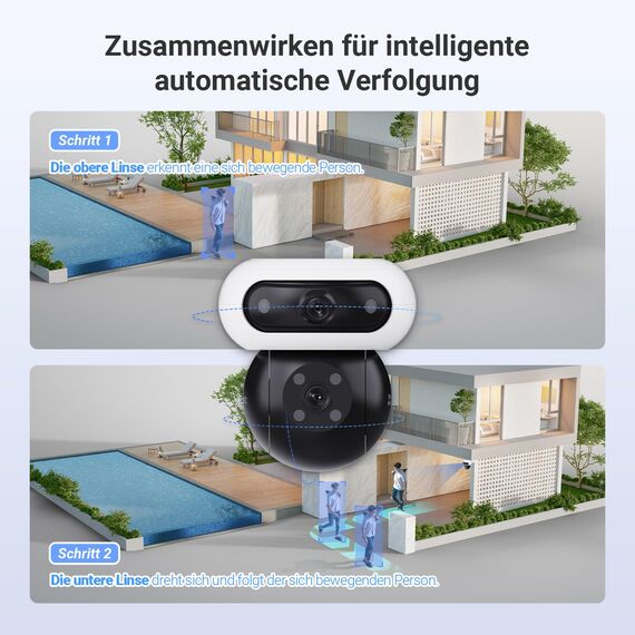 EZVIZ 4MP+4MP WLAN Überwachungskamera Aussen Akku Solar, Pan&Tilt Dual-Objektiv, 10400mAh Batterie, Auto-Tracking, Farbnachtsicht, Personen-/Fahrzeugerkennung, 2-Wege-Audio, CB90 Dual + 8W Solarpanel