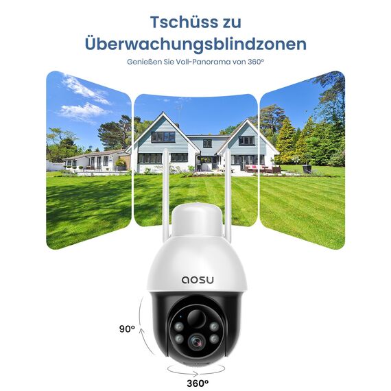 aosu Überwachungskamera Aussen mit Solarpanel, Panorama-PTZ, Automatischer Personenverfolgung, 2K-Nachtsicht, Licht- und Tonalarm, 2-Wege-Audio, kompatibel mit Alexa/Google Assistant(2-Pack)