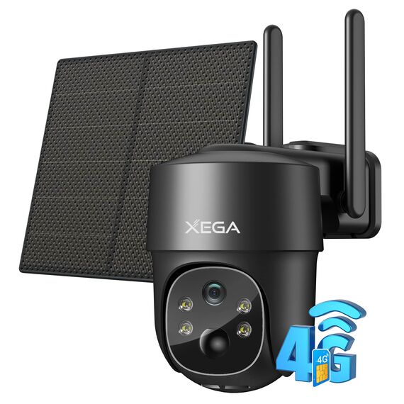 Xega 4G LTE Überwachungskamera Aussen Solar mit SIM Karte - 2K HD 3MP PTZ Kabellos Kamera Ohne WLAN Outdoor Akku, 355°/90° Schwenkbar, Farb/IR Nachtsicht, 2-Wege-Audio, PIR Erkennung (No WiFi)