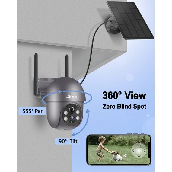 ANRAN 2K Solar Überwachungskamera Aussen Wi-Fi,360°PTZ Schwenkbar Aussenkamera Akku,Farbnachtsicht, 2-Wege-Audio,PIR Bewegungserkennung mit Sirenenalarm,IP66 Wasserdicht, Alexa Kompatibel 2pcs