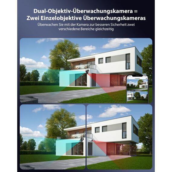 COCOCAM 2K Dual Objektiv Überwachungskamera Aussen WLAN Solar, 10000mAh Akku, 6W Solarpanel, Duale PIR und KI-Personenerkennung, Farb-Nachtsicht, 355°P 90° T, IP66, 2.4GHz WLAN