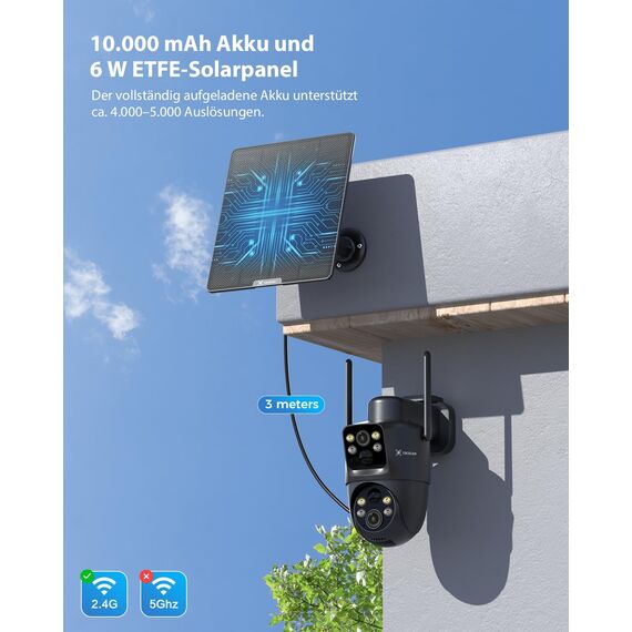COCOCAM 2K Dual Objektiv Überwachungskamera Aussen WLAN Solar, 10000mAh Akku, 6W Solarpanel, Duale PIR und KI-Personenerkennung, Farb-Nachtsicht, 355°P 90° T, IP66, 2.4GHz WLAN