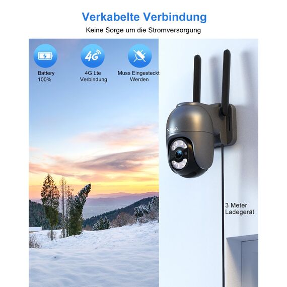 Xega 4G LTE Überwachungskamera mit SIM Karte【Kabelgebunden】 24/7 Kontinuierliche Aufzeichnung, 2K Automatische Verfolgung Überwachung Aussen Kamera Ohne WLAN, Bewegungs/Menschenerkennung (No WiFi)