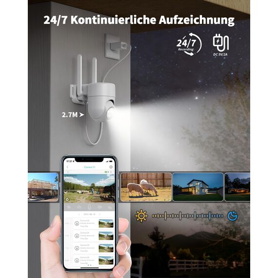 NUASI 4G LTE Überwachungskamera Aussen mit SIM Karte, 2K PTZ 360° IP Kamera Ohne WLAN Outdoor mit FarbNachtsicht, AI Personenerkennung und 2-Wege-Audio, IP66 Wasserdicht