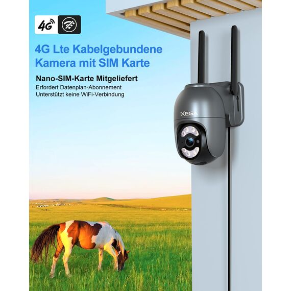 Xega 4G LTE Überwachungskamera mit SIM Karte【Kabelgebunden】 24/7 Kontinuierliche Aufzeichnung, 2K Automatische Verfolgung Überwachung Aussen Kamera Ohne WLAN, Bewegungs/Menschenerkennung (No WiFi)