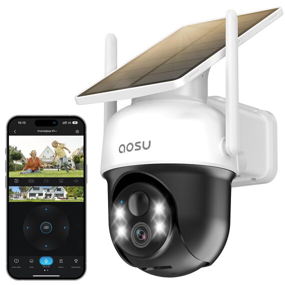 aosu 2K Überwachungskamera Aussen Solar Akku 3MP [360° PTZ Panorama, Integrierter Solarpanel] Kabellos PIR-Bewegungserkennung Automatische Verfolgung Farb-Nachtsicht Ton- & Lichtalarm 2-Wege-Audio