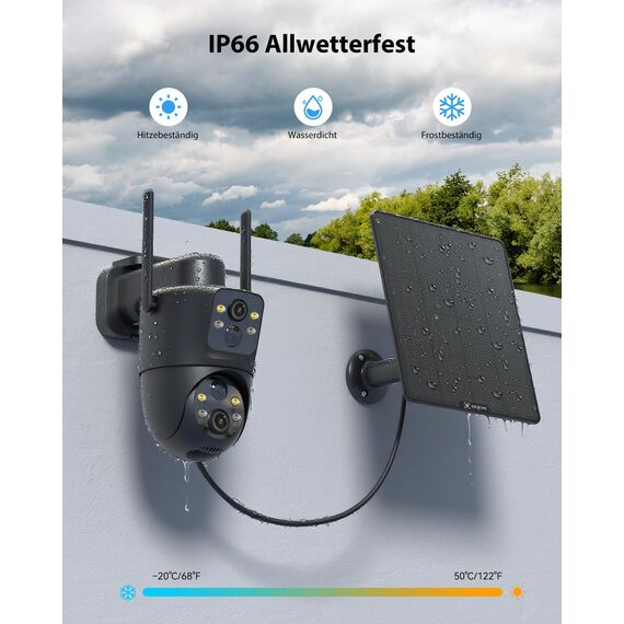 COCOCAM 2K Dual Objektiv Überwachungskamera Aussen WLAN Solar, 10000mAh Akku, 6W Solarpanel, Duale PIR und KI-Personenerkennung, Farb-Nachtsicht, 355°P 90° T, IP66, 2.4GHz WLAN