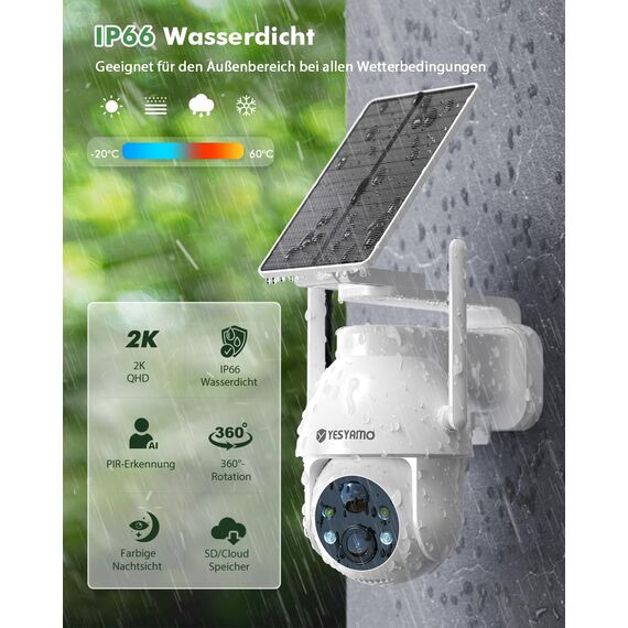 YESYAMO 2K Überwachungskamera Aussen Akku, 355°/90° Pan Tilt WLAN Kamera mit Farbnachtsicht, solar Kamera Überwachung außen, PIR Bewegungsmelder, Cloud/SD Storage, 2-Wege-Audio, 2,4 GHz WLAN (weiß)