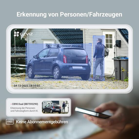 EZVIZ 4MP+4MP WLAN Überwachungskamera Aussen Akku Solar, Pan&Tilt Dual-Objektiv, 10400mAh Batterie, Auto-Tracking, Farbnachtsicht, Personen-/Fahrzeugerkennung, 2-Wege-Audio, CB90 Dual + 8W Solarpanel