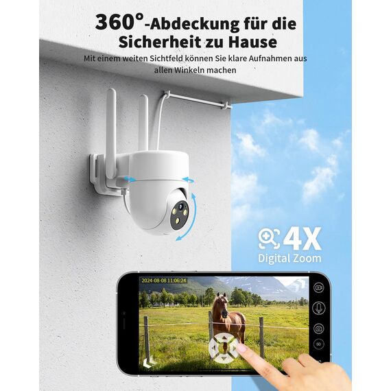 NUASI 4G LTE Überwachungskamera Aussen mit SIM Karte, 2K PTZ 360° IP Kamera Ohne WLAN Outdoor mit FarbNachtsicht, AI Personenerkennung und 2-Wege-Audio, IP66 Wasserdicht