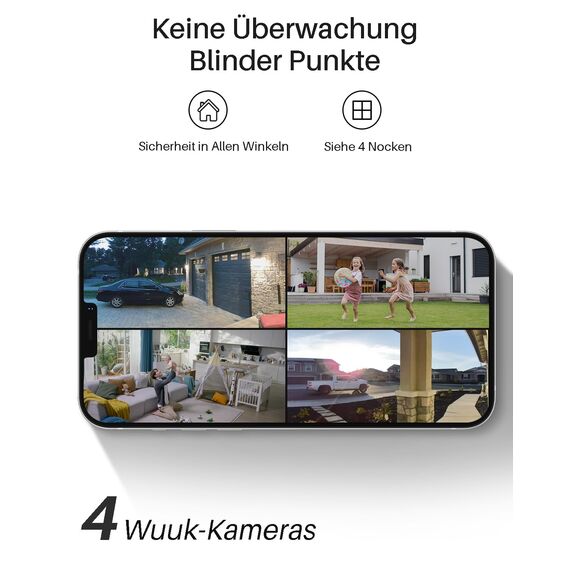 WUUK Überwachungskamera Aussen Akku, Kamera Überwachung Innen, 2K, Ohne ABO, 32 GB Lokalem Speicher, Nachtsicht, 2.4/5GHz WLAN, Kompatibel Mit Alexa & Google, Basisstation + 2-Kamera-Set