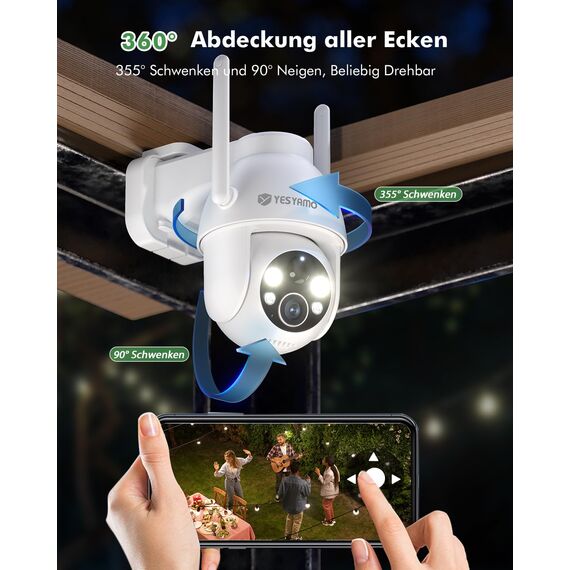 YESYAMO 2 Stück 2K Überwachungskamera aussen solar, WLAN Kamera Outdoor, 2,4 GHz, Solar-Kamera mit Solarpanel, 360 ° PTZ, Nachtsicht, 2-Wege-Audio