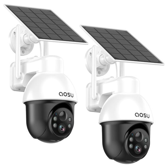 aosu 3K Überwachungskamera Aussen Akku Solar, 5MP Kabellose WLAN-Überwachungskamera für den Außenbereich zur Haussicherheit, 360° Panoramisches PTZ, Automatische Verfolgung, Nachtsicht, 2 STK