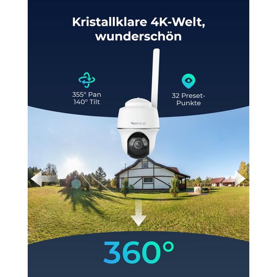 Reolink 4K 3G/4G LTE Überwachungskamera mit SIM Karte, 355°&140° PTZ Solar Kamera Outdoor mit 8MP Farbnachtsicht, Person/Auto/Haustiererkennung, 32GB microSD-Karte, Go PT Ultra+6W Solarpanel