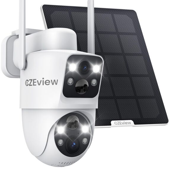 CZEview 4MP Überwachungskamera Aussen Akku, 360° PTZ Überwachungskamera Außen Solar mit Dual-Objektiv, 2.4GHz WLAN Kabellose Kamera mit PIR Bewegungsmelder, Farb-Nachtsicht, 2-Wege-Audio, IP65