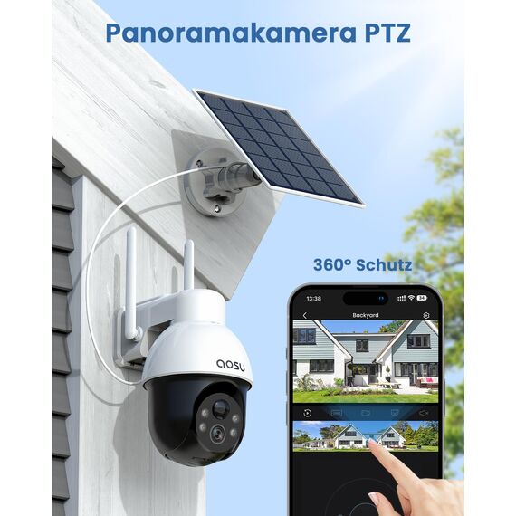 aosu 3K Überwachungskamera Aussen Akku Solar, 5MP Kabellose WLAN-Überwachungskamera für den Außenbereich zur Haussicherheit, 360° Panoramisches PTZ, Automatische Verfolgung, Nachtsicht, 2 STK