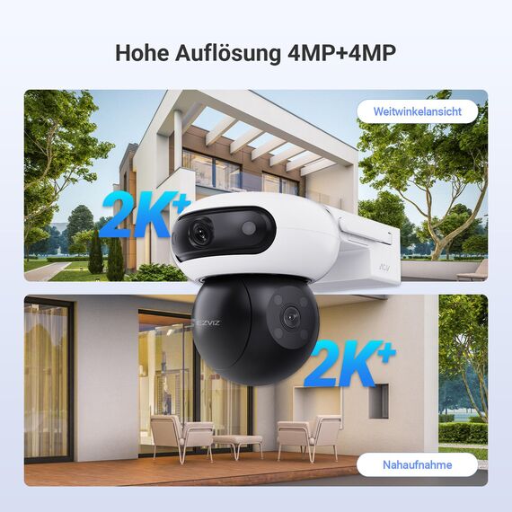 EZVIZ 4MP+4MP WLAN Überwachungskamera Aussen Akku Solar, Pan&Tilt Dual-Objektiv, 10400mAh Batterie, Auto-Tracking, Farbnachtsicht, Personen-/Fahrzeugerkennung, 2-Wege-Audio, CB90 Dual + 8W Solarpanel