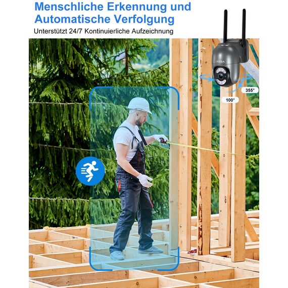 Xega 4G LTE Überwachungskamera mit SIM Karte【Kabelgebunden】 24/7 Kontinuierliche Aufzeichnung, 2K Automatische Verfolgung Überwachung Aussen Kamera Ohne WLAN, Bewegungs/Menschenerkennung (No WiFi)
